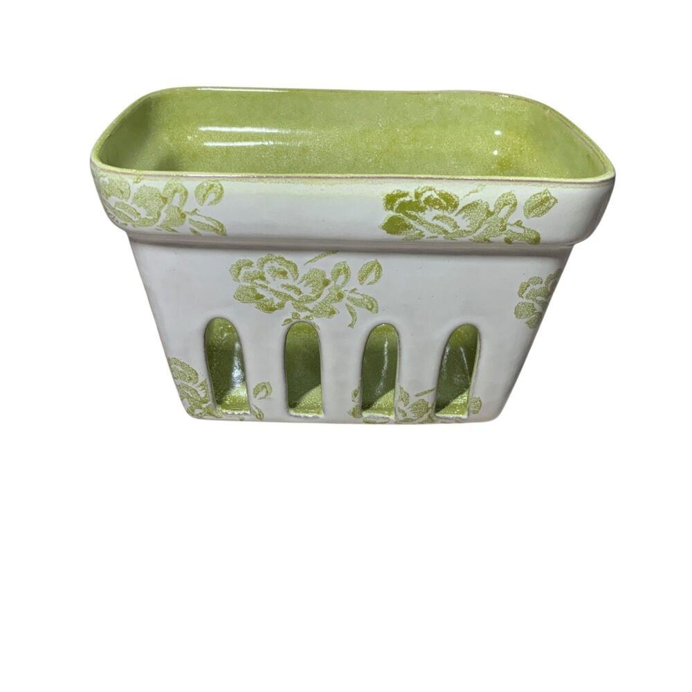Vintage Portugal Ceramic Berry Basket Planter Slotted Green Floral Farmhouse